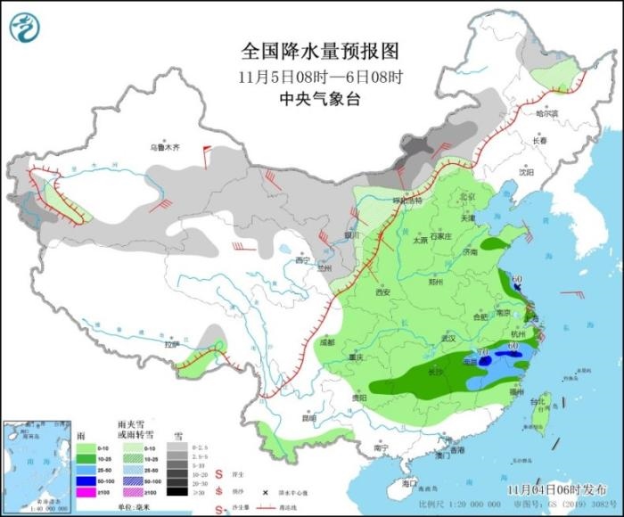 圖5 全國降水量預(yù)報圖(11月5日08時-6日08時)