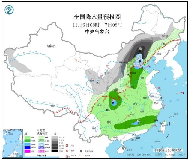 圖6 全國降水量預(yù)報圖(11月6日08時-7日08時)