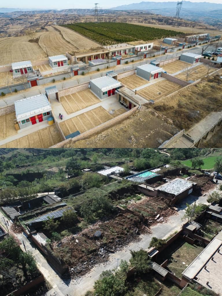 拼版照片，上圖是2022年1月山西省霍州市師莊鄉(xiāng)馮南垣村災(zāi)后恢復(fù)重建后的場(chǎng)景，下圖是2021年10月村莊因?yàn)?zāi)受損的場(chǎng)景。(霍州市委宣傳部供圖)