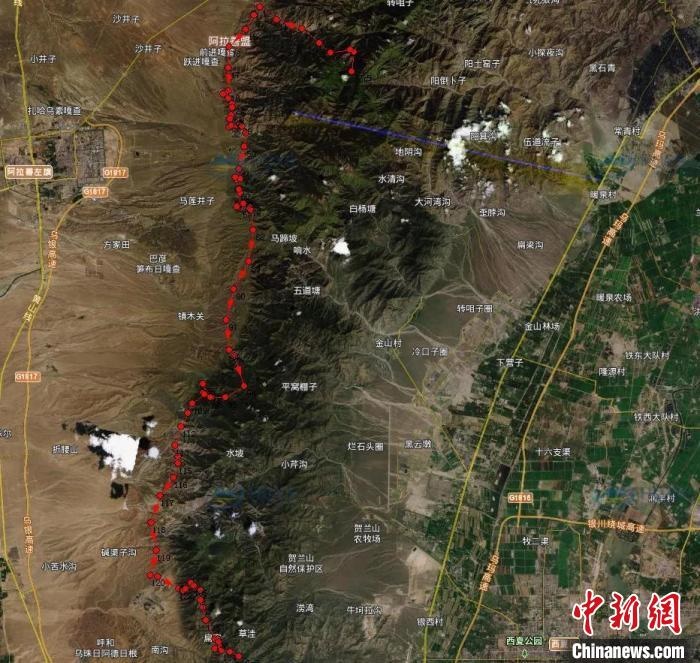 圖為雪豹在春節(jié)前后的活動(dòng)軌跡。　內(nèi)蒙古賀蘭山國家級(jí)自然保護(hù)區(qū)供圖