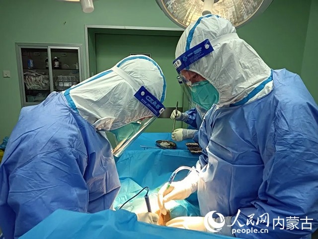 醫(yī)護人員正在為新冠肺炎合并腸梗阻腸穿孔的尿毒癥患者實施急診手術(shù)。呼和浩特市第一醫(yī)院供圖