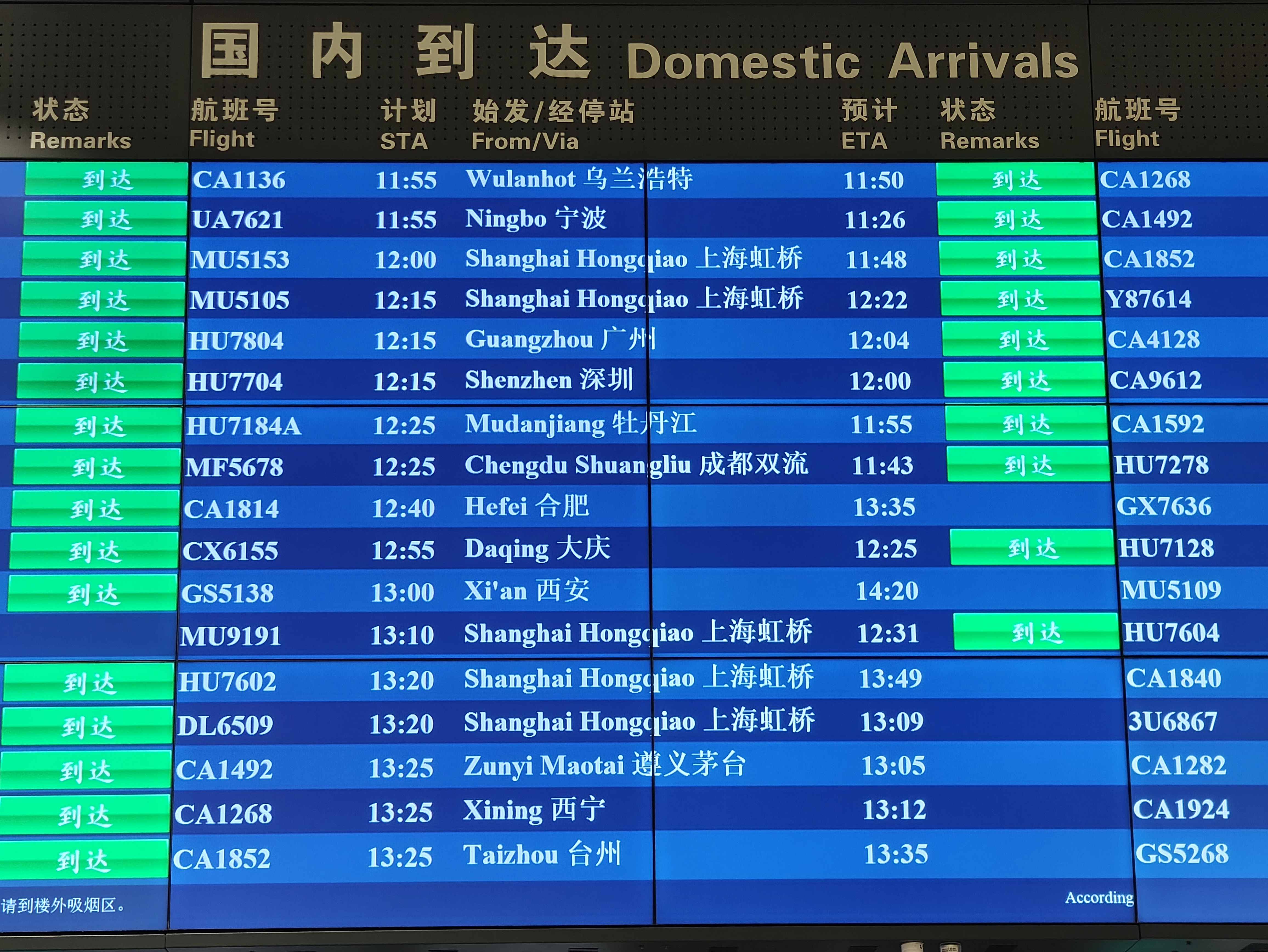 首都機場大屏顯示，MU9191航班于12:31順利到達。人民網(wǎng)記者 夏曉倫攝