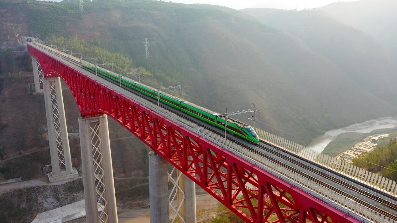 中老鐵路國際旅客列車在云南省境內(nèi)的元江特大橋上飛馳。姚巍攝
