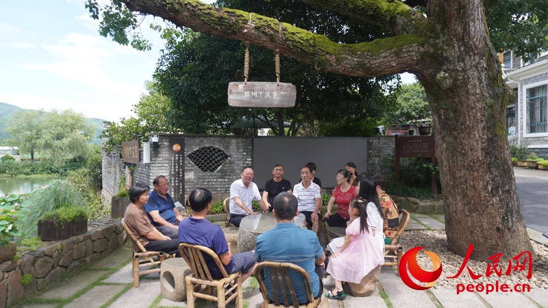 余杭區(qū)徑山鎮(zhèn)小古城村村民在“樟樹(shù)下議事”。人民網(wǎng)肖聰聰攝