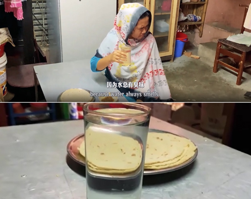 圖為紀實短片截圖：上圖為水質未改善前，飲用水發(fā)黃渾濁；下圖為水廠建成后，飲用水水質明顯改善，清澈透明。