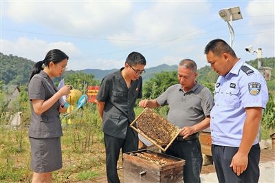  圖②：蒙山法院黃村法庭法官深入蜂蜜合作社，實(shí)地了解蜂農(nóng)需求。