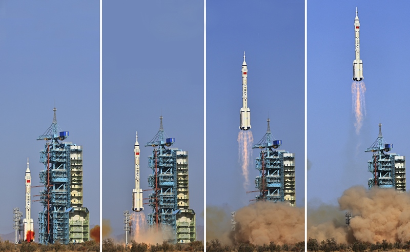 2023年10月26日，神舟十七號(hào)載人飛船發(fā)射升空過(guò)程（拼版照片）