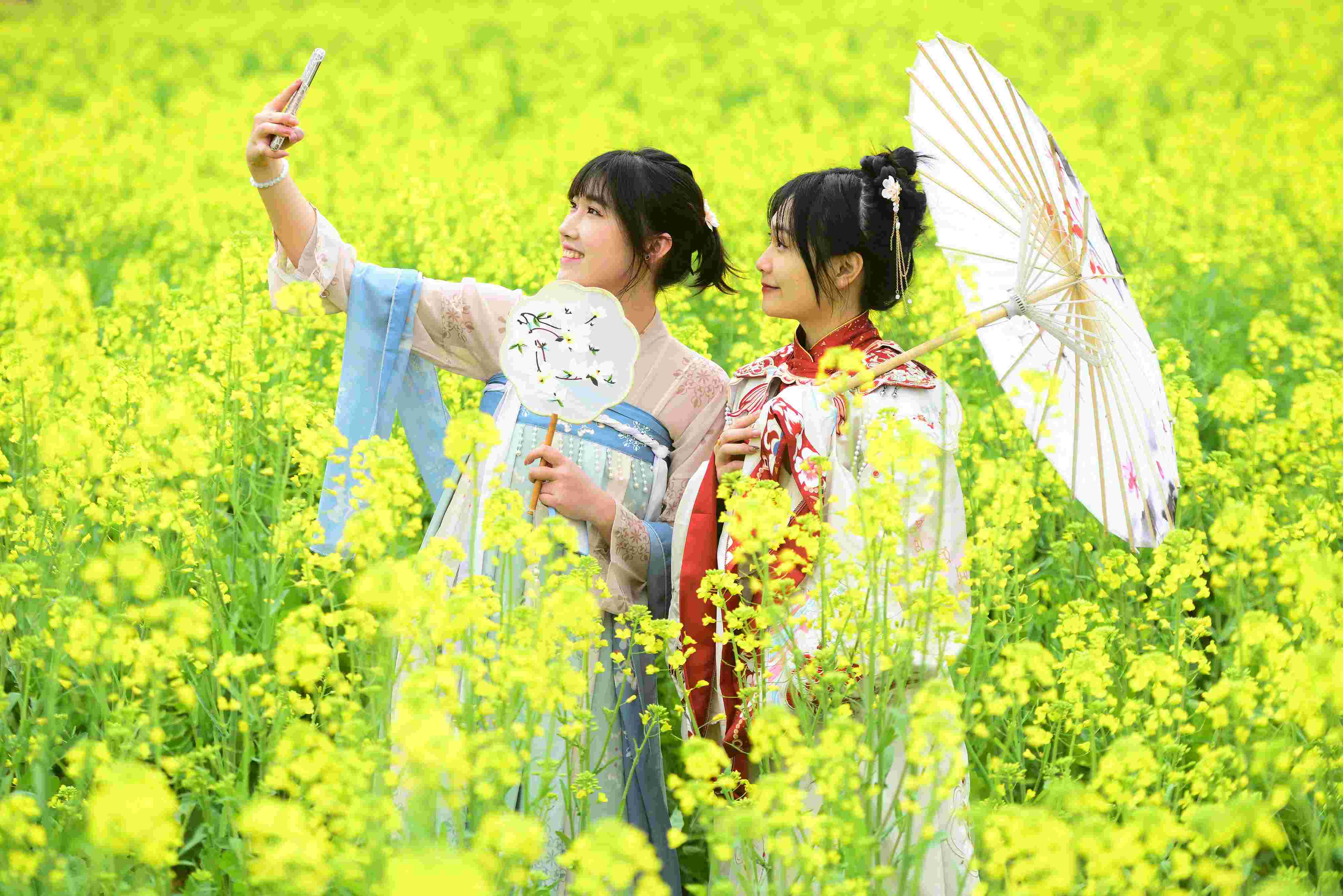 △ 2024年2月16日，廣西賀州，在富川瑤族自治縣麥嶺鎮(zhèn)三民村，游客在油菜花田間賞花拍照。