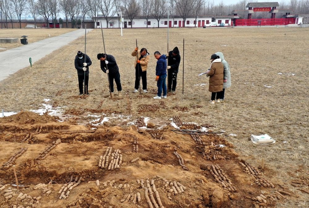 在殷墟王陵遺址，工作人員在勘探圍溝范圍（2月24日攝）。