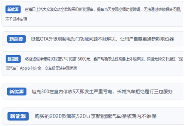 “人民投訴”用戶吐槽新能源汽車功能障礙多發(fā)、升級后配套服務(wù)跟不上、虛假優(yōu)惠、保修期內(nèi)不維保的問題。（“人民投訴”平臺截圖）