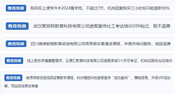 “人民投訴”用戶舉報機構(gòu)虛假宣傳包過包拿證、虛假承諾收益效果、課程服務(wù)貨不對板、退款難等在線教培亂象。（“人民投訴”平臺截圖）