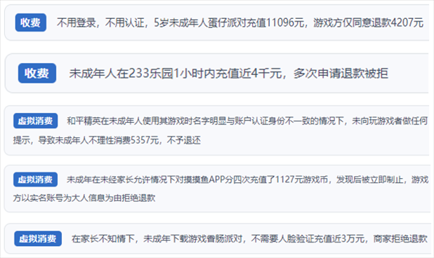 “人民投訴”用戶舉報身份認證成擺設(shè)、大額充值無提醒、提供證據(jù)被駁回、商家設(shè)置退款障礙等未成年人網(wǎng)游消費亂象。（“人民投訴”平臺截圖）