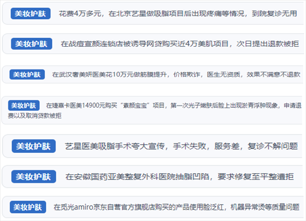 “人民投訴”用戶舉報醫(yī)美未達預(yù)期效果或?qū)е律眢w損傷退款遭拒、機構(gòu)及服務(wù)人員虛假資質(zhì)、被誘導高額醫(yī)美貸、網(wǎng)購美容儀器質(zhì)量不過關(guān)等問題。（“人民投訴”平臺截圖）