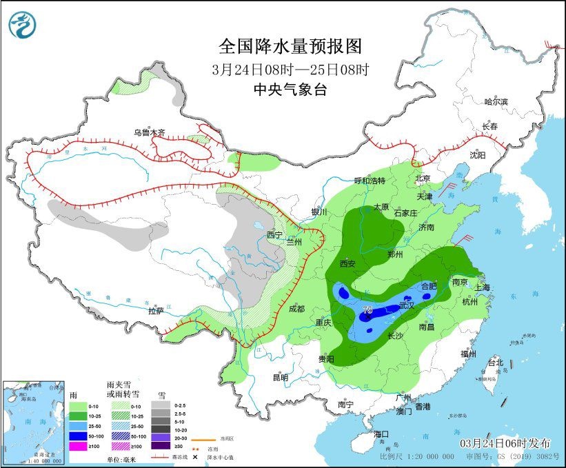 全國(guó)降水量預(yù)報(bào)圖(3月24日08時(shí)-25日08時(shí))。圖片來(lái)源：中央氣象臺(tái)網(wǎng)站