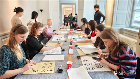 瑞典書法愛好者專心學(xué)習(xí)書法。人民網(wǎng)記者 殷淼攝