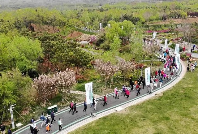4月27日，登山愛好者在浮山森林公園參加登山健身活動（無人機照片）。新華社記者 李紫恒攝