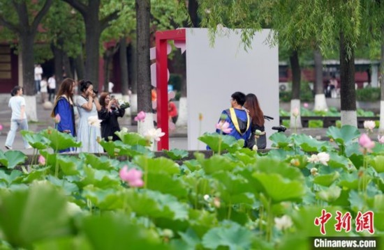 6月19日，時值一年畢業(yè)季，四川大學望江校區(qū)荷花池里的荷花盛開，成為了畢業(yè)生們的打卡圣地，吸引了眾多畢業(yè)生拍照留念。圖為畢業(yè)生在荷花池邊拍照留念。中新社記者 安源 攝