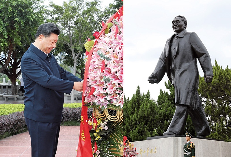 2020年10月14日，習(xí)近平總書記向深圳蓮花山公園鄧小平同志銅像敬獻(xiàn)花籃。