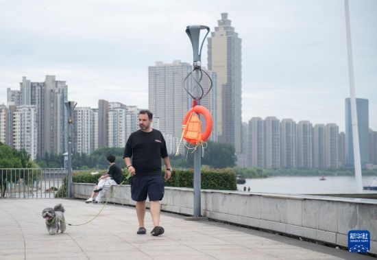 7月20日，在安徽蕪湖市，馬丁在長(zhǎng)江邊遛狗。新華社記者 傅天 攝
