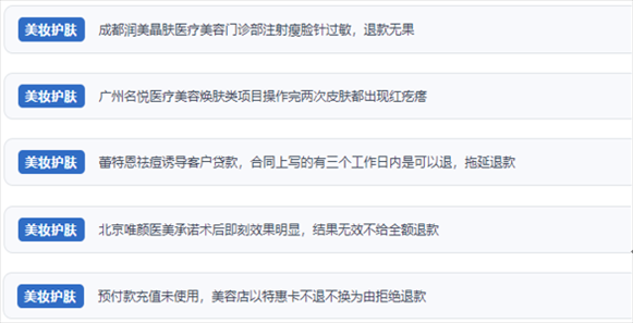 網(wǎng)友涉及醫(yī)美機(jī)構(gòu)虛假宣傳、誘導(dǎo)消費(fèi)、致傷客戶、違約不退費(fèi)等消費(fèi)侵權(quán)的相關(guān)投訴。（“人民投訴”用戶投訴截圖）