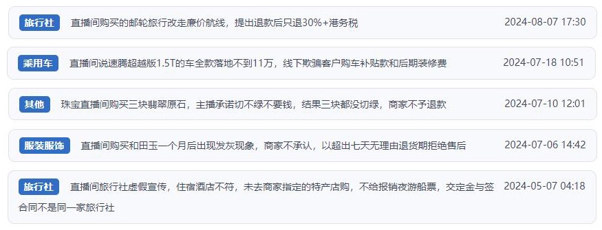 近期網(wǎng)友涉及直播購物相關(guān)投訴問題。（“人民投訴”用戶投訴截圖）