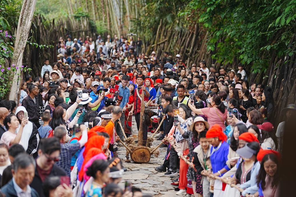 5月3日，各地游客在滄源縣翁丁村和村民一起參加佤族傳統(tǒng)民俗拉木鼓活動。（滄源縣融媒體中心供圖）