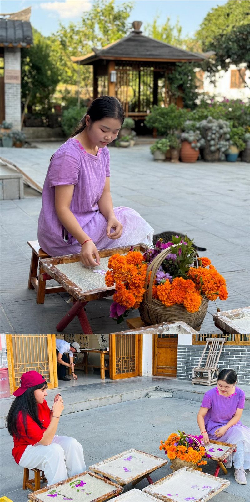沒有女生不愛花。以古法造紙技藝為基礎(chǔ)，再輔以花草枝葉勾勒各式圖案，創(chuàng)作出花茂村獨具特色的紙漿壓花畫，少女手中的花是她眼中的風(fēng)景，而她與正在制作的紙漿壓花畫也是別人眼中的風(fēng)景。（哈薩克斯坦BAQ通訊社高級記者古爾詹·拉曼庫洛娃、張亞欣攝）