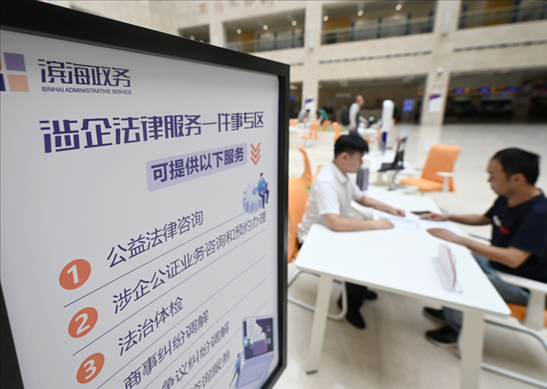 在天津濱海新區(qū)政務服務中心，工作人員在“涉企法律服務一件事”專區(qū)為市民提供服務（2024年7月31日攝）。新華社記者 趙子碩 攝
