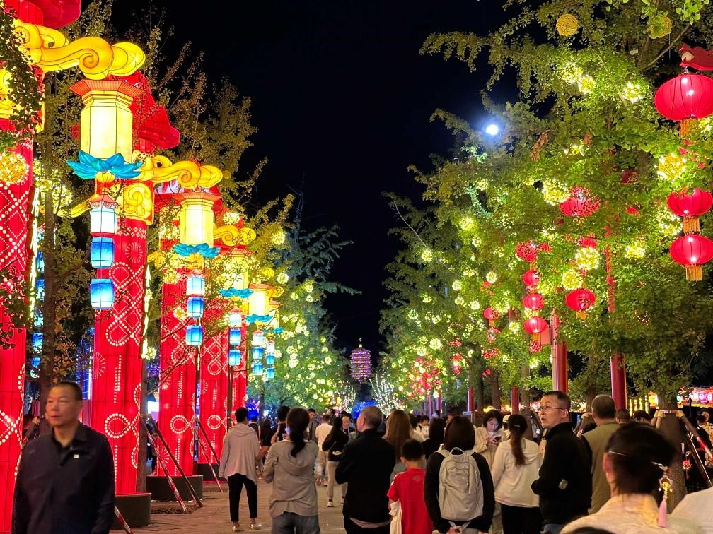 市民游客在2024年北京中秋國(guó)慶彩燈游園會(huì)欣賞彩燈。新華社記者楊淑君 攝