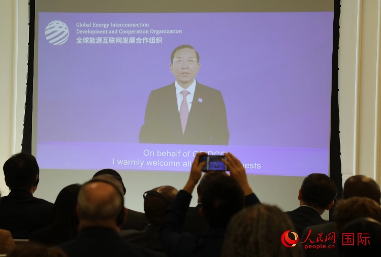 全球能源互聯(lián)網(wǎng)發(fā)展合作組織主席、中國電力企業(yè)聯(lián)合會理事長辛保安通過視頻方式致辭。人民網(wǎng)記者 李志偉攝