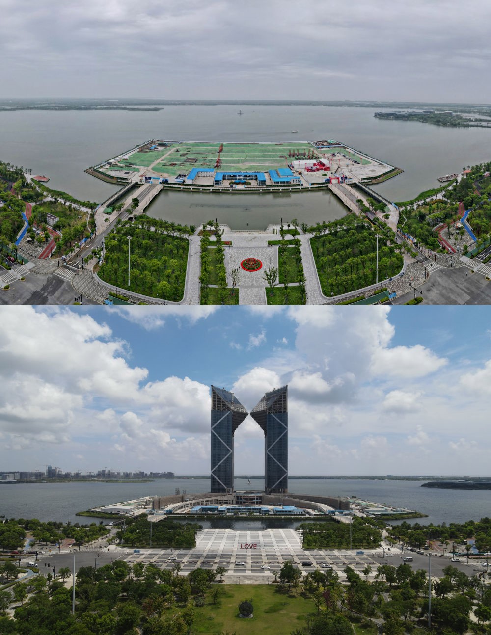 拼版照片：空中俯瞰中國（上海）自由貿(mào)易試驗(yàn)區(qū)臨港新片區(qū)滴水湖西島中銀金融中心項(xiàng)目現(xiàn)場（上圖為2021年6月20日攝，無人機(jī)照片；下圖為2024年8月14日攝，無人機(jī)照片）。2019年8月20日，臨港新片區(qū)揭牌成立，一個開放新高地在長江與東海交匯處日益崛起。