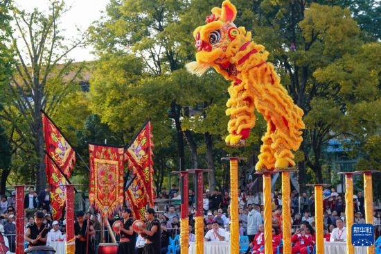 10月19日，云南魯木納龍獅藝術(shù)團隊員在南獅高樁自選套路項目中比賽，最終他們獲得該項目銅獎。