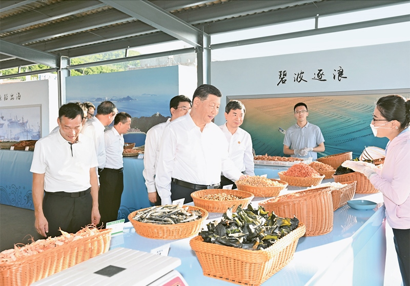 2024年10月15日至16日，中共中央總書記、國家主席、中央軍委主席習(xí)近平在福建考察。這是15日下午，習(xí)近平在漳州市東山縣陳城鎮(zhèn)澳角村考察時，了解海鮮干貨和漁獲產(chǎn)品交易情況。 新華社記者 謝環(huán)馳/攝