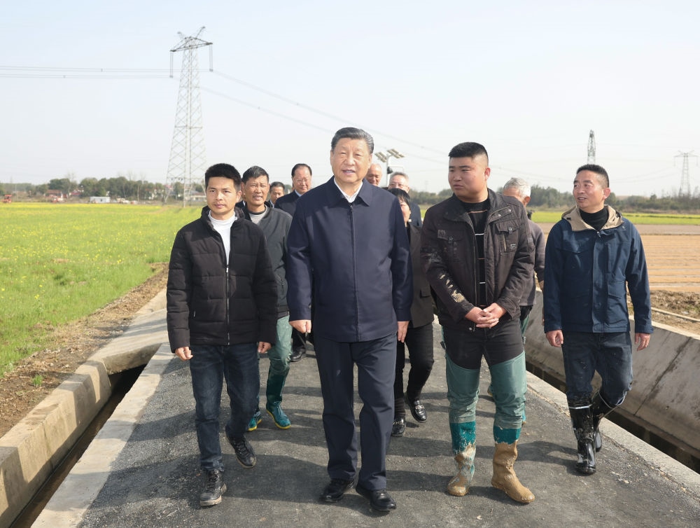 2024年3月19日，習近平在湖南省常德市鼎城區(qū)謝家鋪鎮(zhèn)港中坪村，同種糧大戶、農(nóng)技人員、基層干部親切交流。習近平強調(diào)：“要建設好高標準農(nóng)田，推行適度規(guī)模經(jīng)營，加強政策支持和示范引領，加大良種、良機、良法推廣力度，在精耕細作上下功夫，進一步把糧食單產(chǎn)和品質(zhì)提上去，讓種糧也能夠致富，進而吸引更多農(nóng)戶參與發(fā)展現(xiàn)代化大農(nóng)業(yè)，真正把中國特色農(nóng)業(yè)現(xiàn)代化之路走穩(wěn)走扎實?！? width=