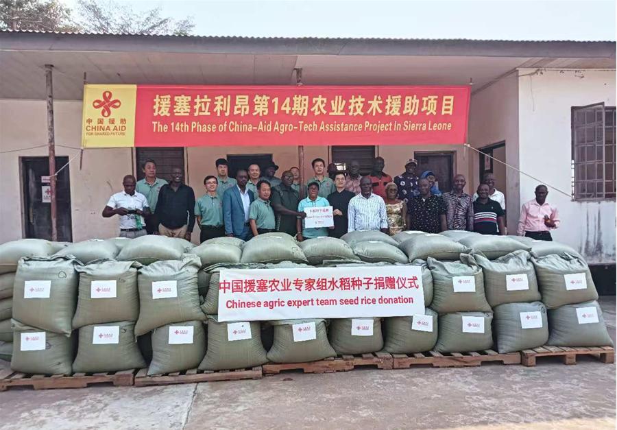 中國援塞拉利昂農(nóng)業(yè)專家組在塞南方省博城舉辦水稻種子捐贈儀式。中國援塞農(nóng)業(yè)專家組供圖