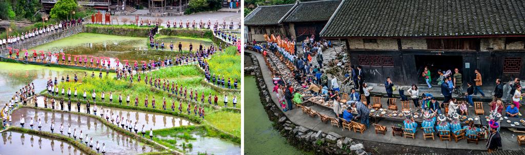 左圖：近期，人們?cè)诶杵娇h肇興侗寨的田園里演唱侗族大歌（黎平縣委宣傳部供圖）；右圖：這是2023年拍攝的十八洞村長(zhǎng)桌宴（湘西州委宣傳部供圖）。